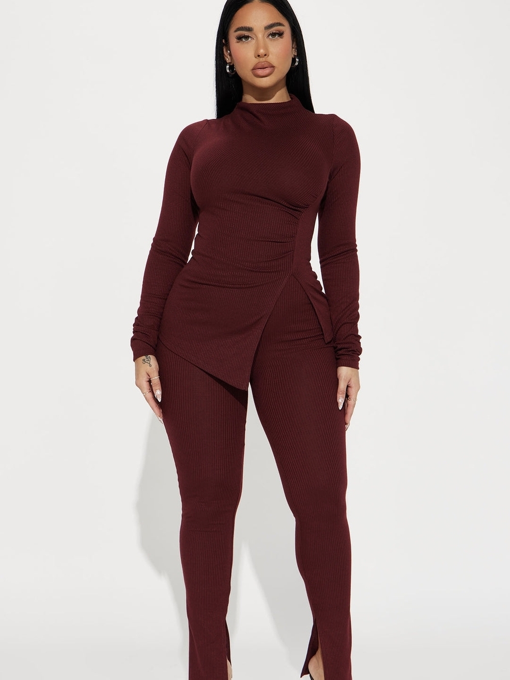 Fashion Nova Miranda Legging Set in burgundy featuring a ribbed mock neck top